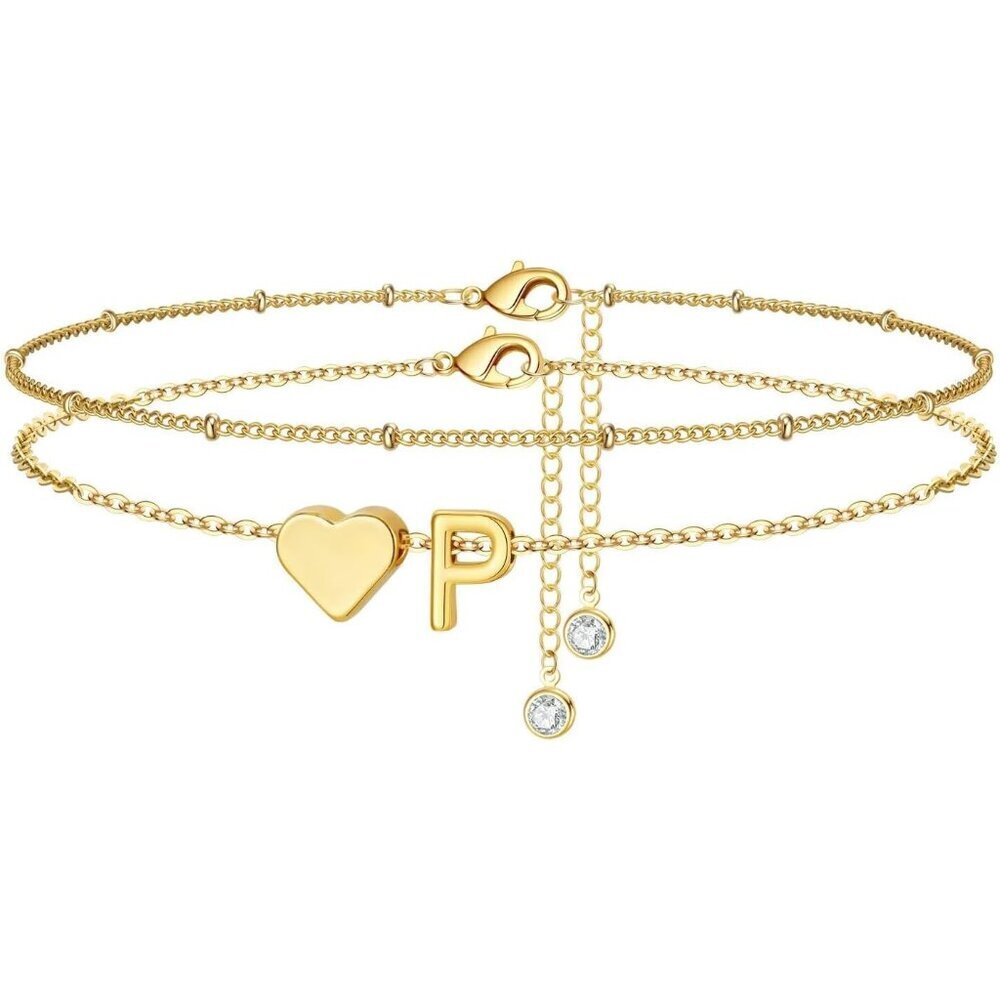 Gold Brass Ankle Bracelets Dainty Heart Initial Adjustable for Women Jewelry